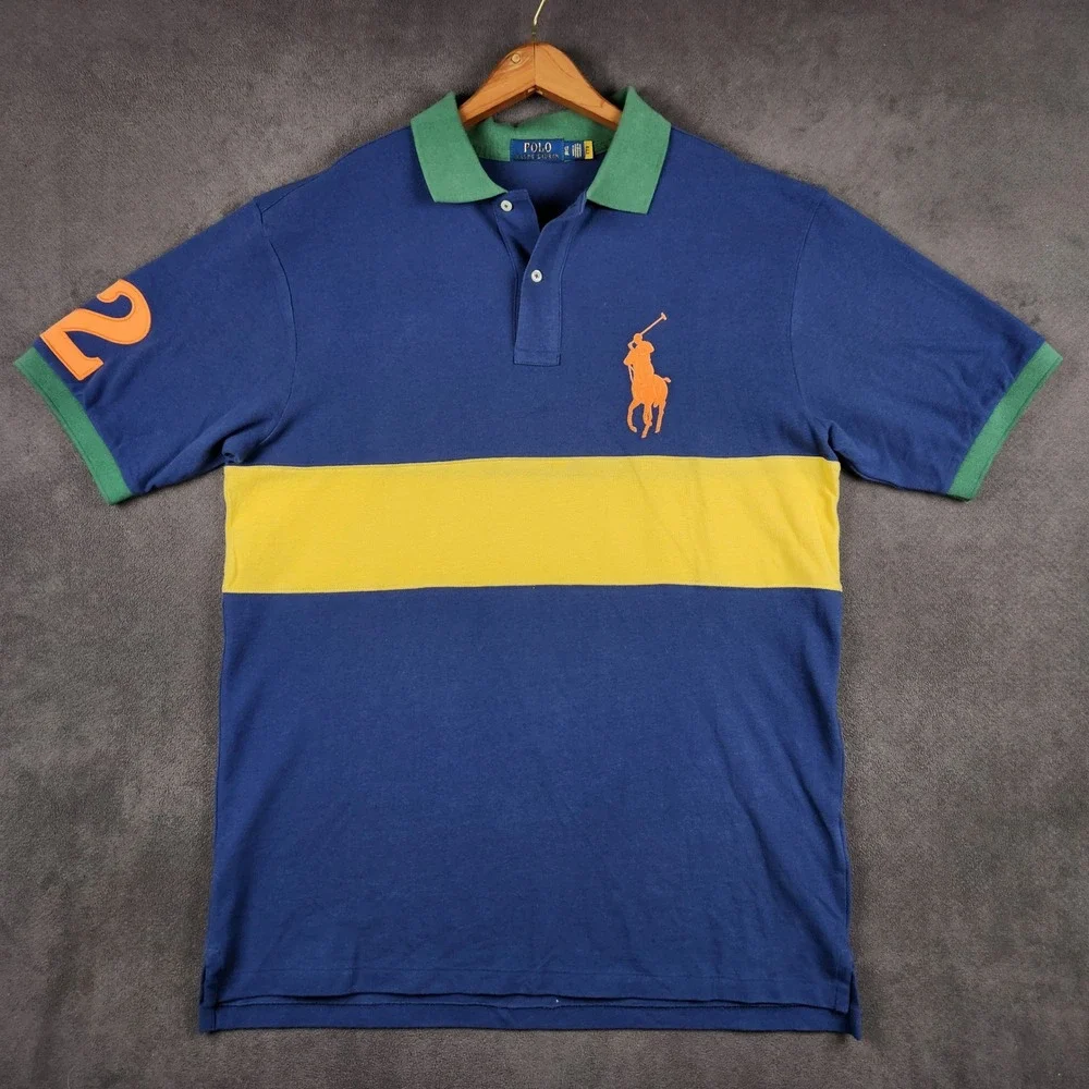 Polo Ralph Lauren Polo Shirt Mens Large Tall Blue Yellow Colorblock‎ Big Pony